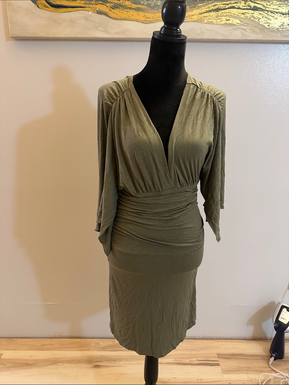 Boston Proper Olive Green V‑Neck Midi Wrap Dress